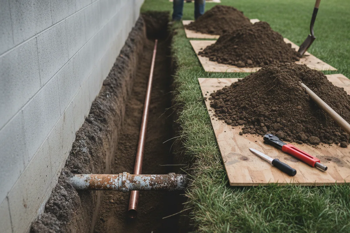 Excavated water line trench during Sewer Line Repair in Majestic